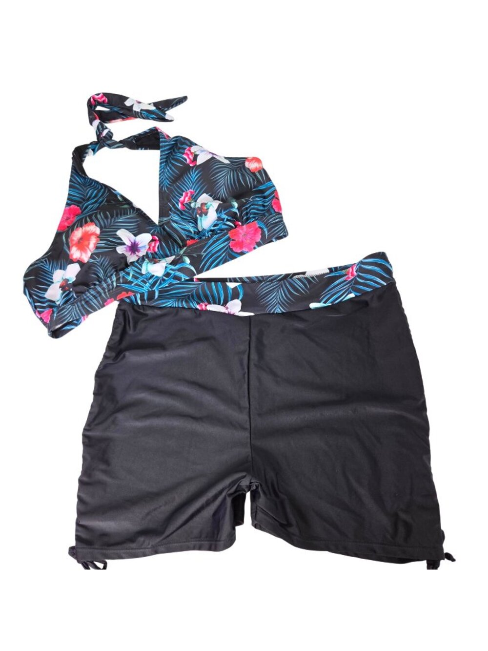 Womens 2XL Floral Halter Bikini Top & Black Swim Shorts Swimsuit Set Tropical